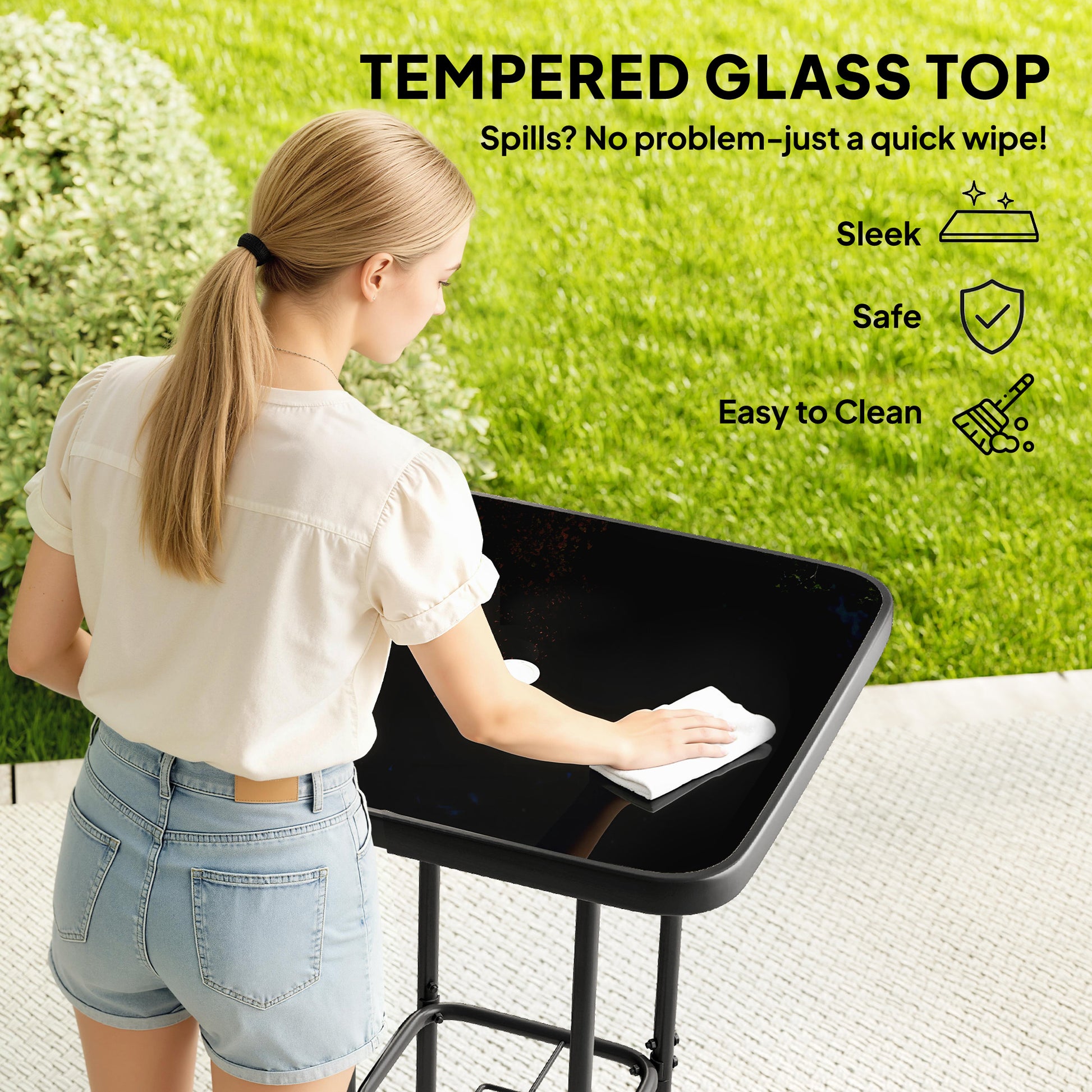 Outdoor Bar Table with Umbrella Hole, 41.3" Bar Height Patio Table with Glass Top and Metal Frame, Black