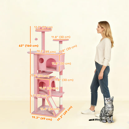 63" Cat Tree, Multi-Level Cat Tower with Scratching Posts, Cat Condos, Bed, Platforms, Ramp, Toy Ball, Pink