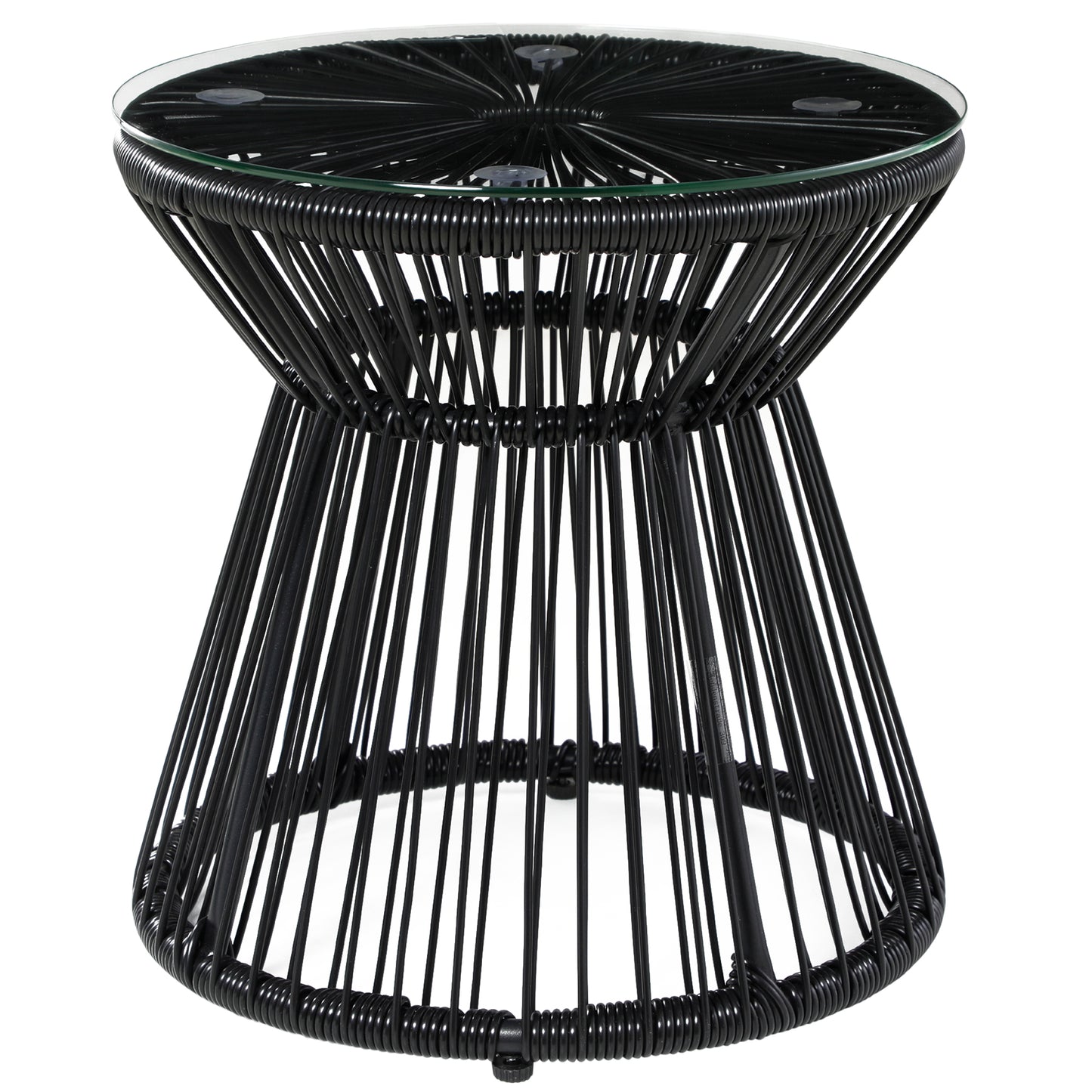 Round End Table, Rattan Side Table, Hollow Drum Design Coffee Table w/ Glass Tabletop for Patio, Garden, Balcony, Black