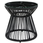 Round End Table, Rattan Side Table, Hollow Drum Design Coffee Table w/ Glass Tabletop for Patio, Garden, Balcony, Black