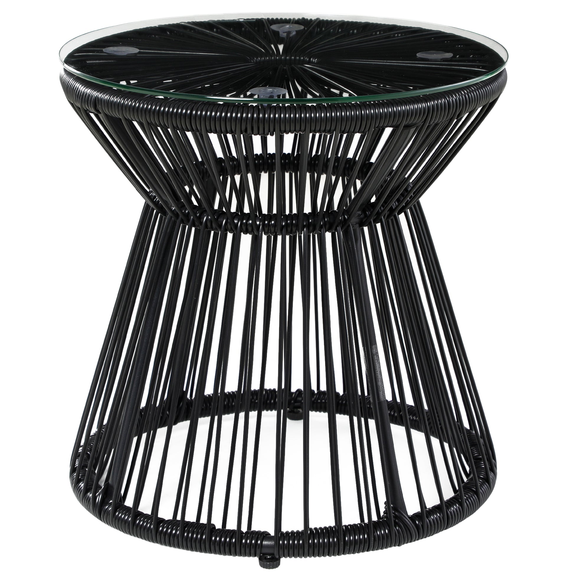 Round End Table, Rattan Side Table, Hollow Drum Design Coffee Table w/ Glass Tabletop for Patio, Garden, Balcony, Black