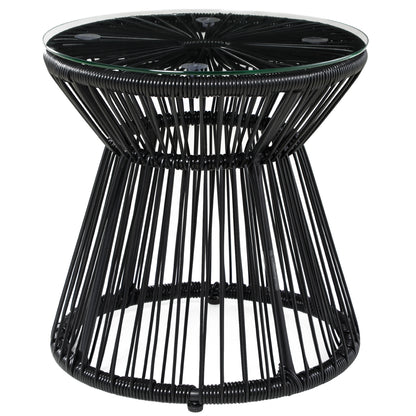 Round End Table, Rattan Side Table, Hollow Drum Design Coffee Table w/ Glass Tabletop for Patio, Garden, Balcony, Black