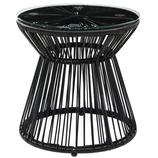 Round End Table, Rattan Side Table, Hollow Drum Design Coffee Table w/ Glass Tabletop for Patio, Garden, Balcony, Black