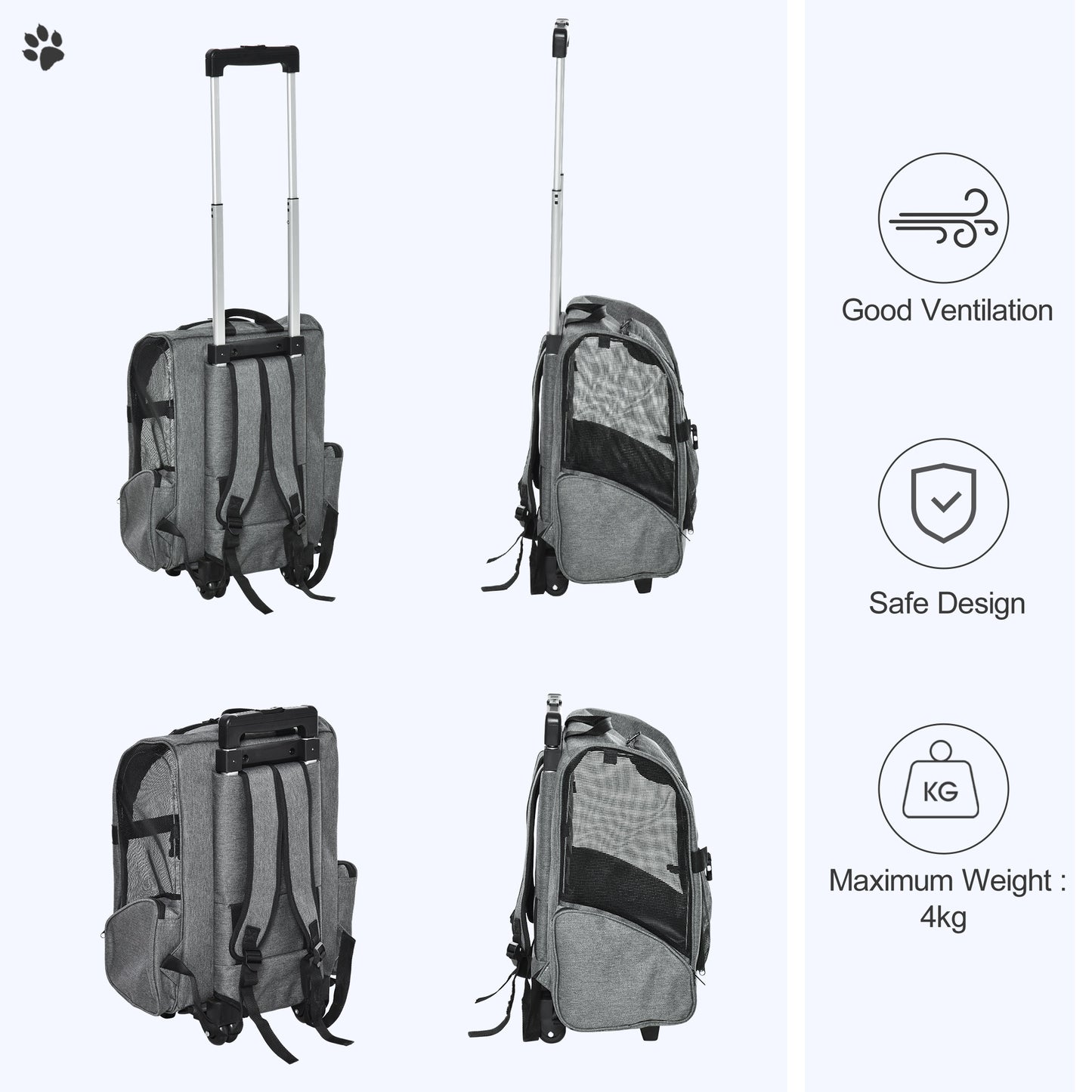 2-IN-1 Pet Luggage Box Backpack Carrier Cats Dogs w/ Handle, Rolling Wheel Grey