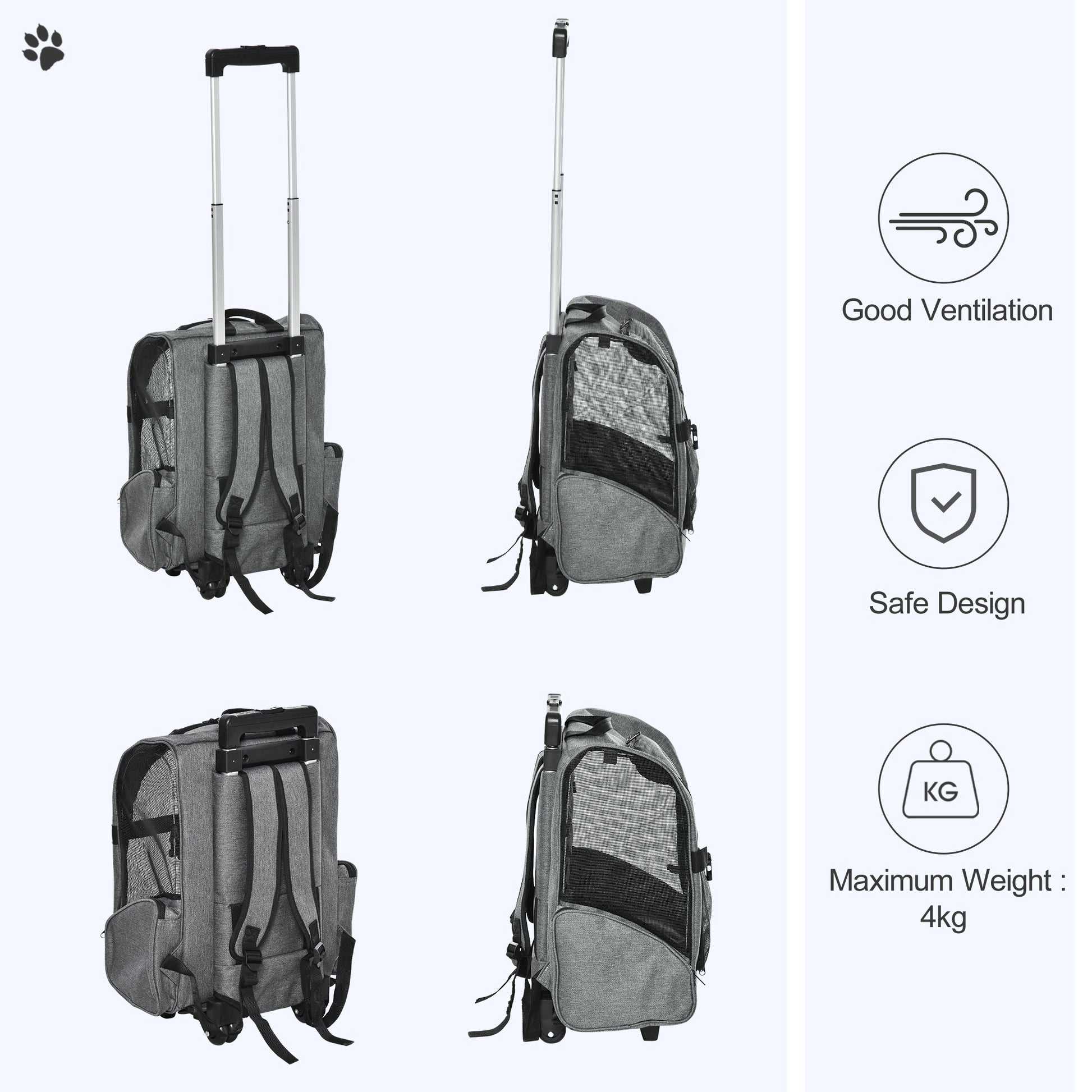 2-IN-1 Pet Luggage Box Backpack Carrier Cats Dogs w/ Handle, Rolling Wheel Grey