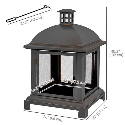 Wood-Burning Fire Pit, Chimney Style Firepit with Poker, 26" x 26", Black