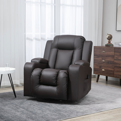 Swivel Massage Recliner Chair Rocker, Overstuffed Manual Reclining Sofa, PU Leather Rocking Chair with Side Pockets, Cup Holders, for Living Room, Nursery, Brown