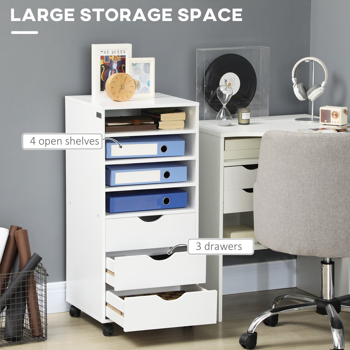 Vertical Filing Cabinet, Mobile File Cabinet on Wheels with 3 Drawers and 4 Open Shelves, Printer Stand with Lockable Casters for Home Office, White