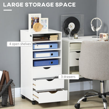 Vertical Filing Cabinet, Mobile File Cabinet on Wheels with 3 Drawers and 4 Open Shelves, Printer Stand with Lockable Casters for Home Office, White