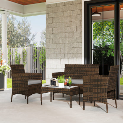 4 Pieces Wicker Outdoor Balcony Furniture Set Rattan Patio Furniture Set with Loveseat Chairs Glass Coffee Table Grey