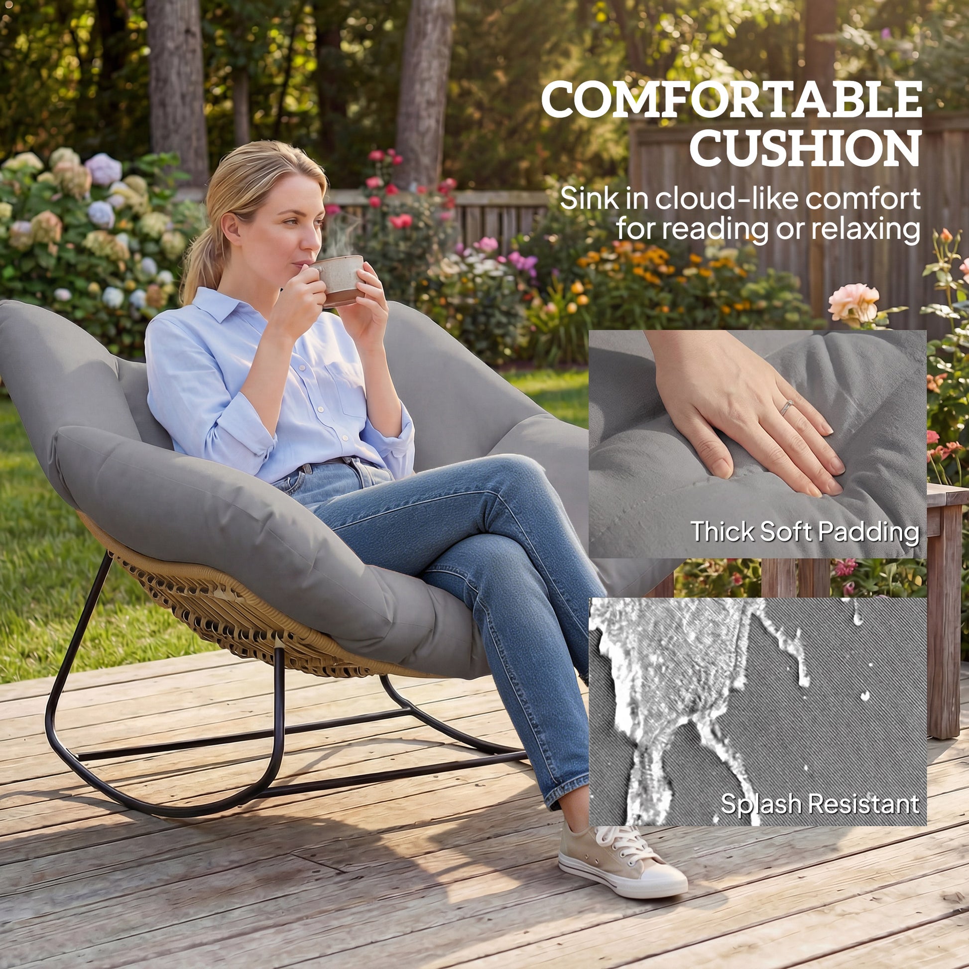 Indoor Outdoor Papasan Rocking Chair, Oversized Rocking Egg Chair with Cushion for Garden, Patio, Grey