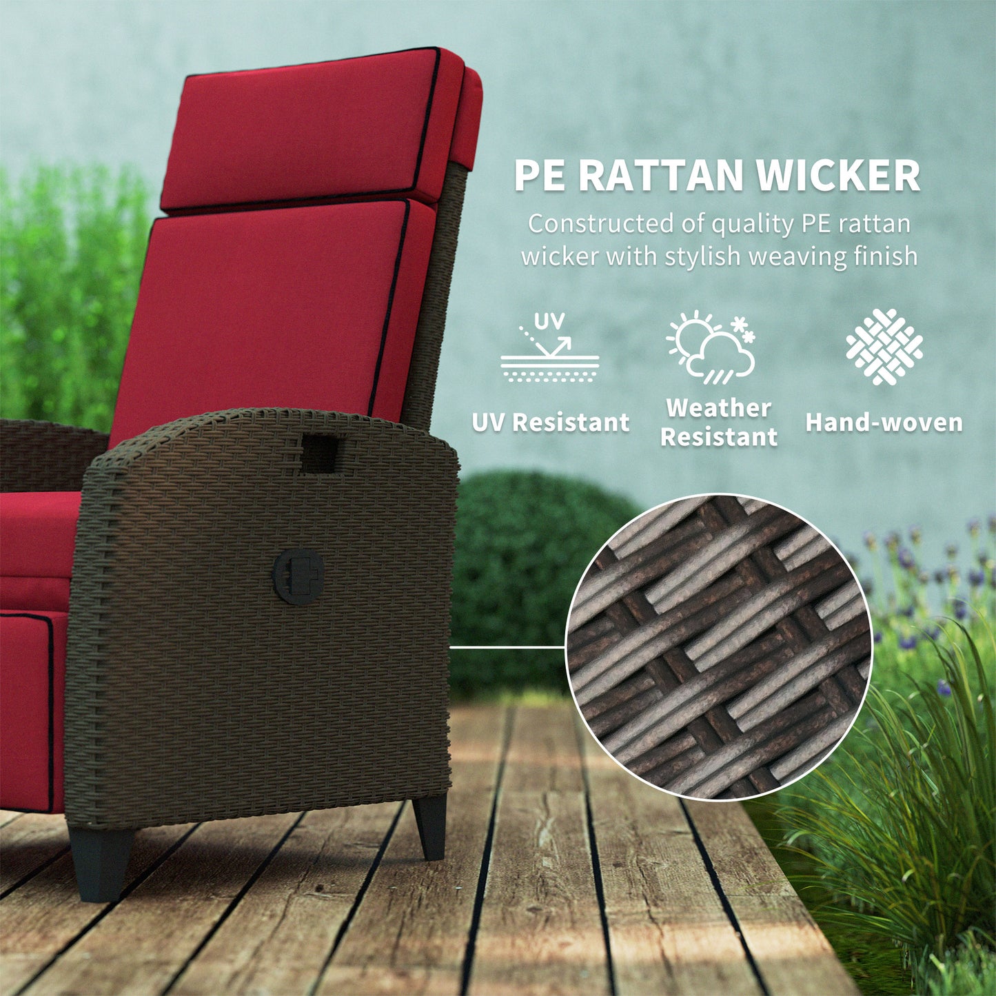 Outdoor Recliner Chair with Adjustable Backrest, Footrest, Thick Cushion, Side Tray, Up to 264 lbs, Wine Red