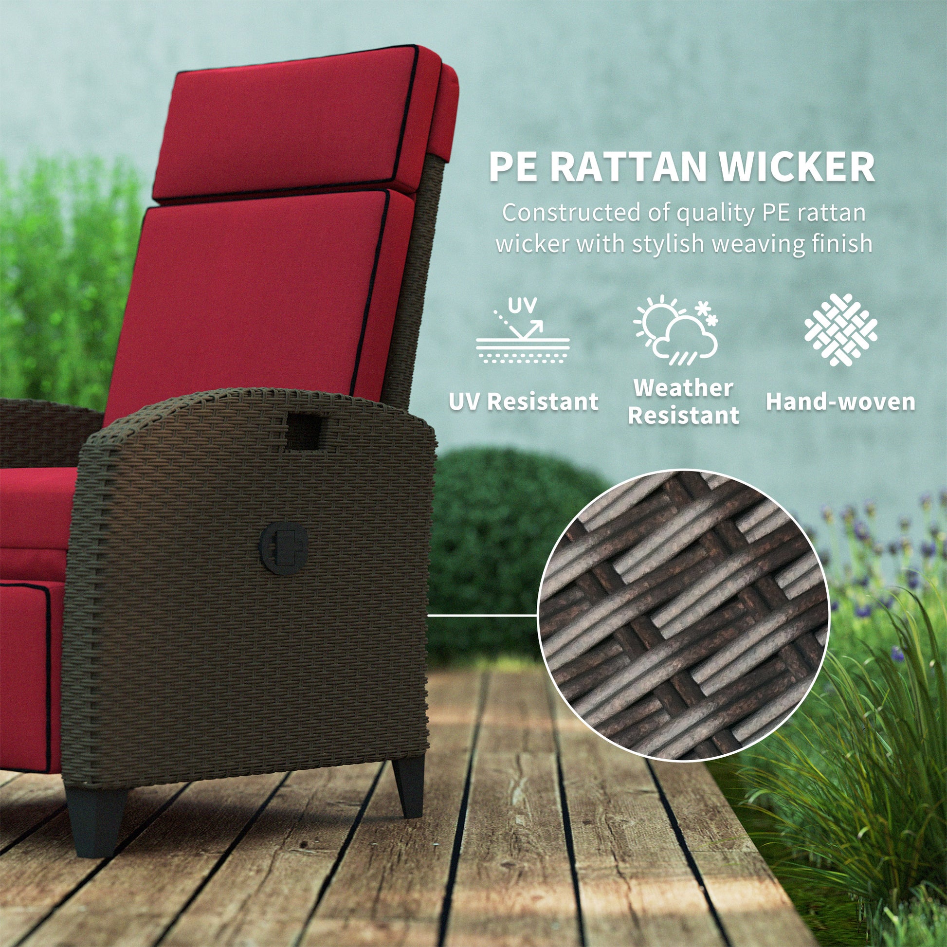 Outdoor Recliner Chair with Adjustable Backrest, Footrest, Thick Cushion, Side Tray, Up to 264 lbs, Wine Red