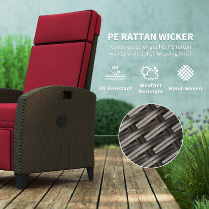 Outdoor Recliner Chair with Adjustable Backrest, Footrest, Thick Cushion, Side Tray, Up to 264 lbs, Wine Red