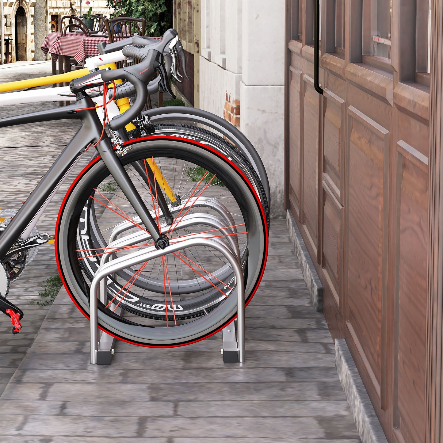 3-Bike Bicycle Floor Parking Rack Cycling Storage Stand Ground Mount Garage Organizer for Indoor and Outdoor Use Silver