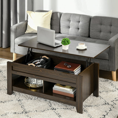 Lift Top Coffee Table with Hidden Storage Compartment and Open Shelves, Lift Tabletop Pop-Up Center Table for Living Room, Dark Walnut