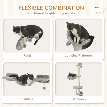4Pcs Cat Wall Shelf with Scratching Post, Cat Wall Shelves for Relaxing, Climbing, Cat Wall With Soft Ladder, Hammock, Play Balls, Grey
