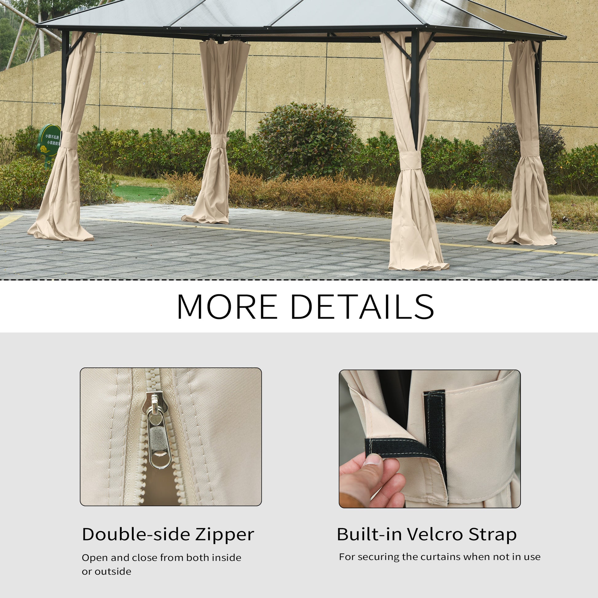 Gazebo Curtains, 10' x 13' Universal Replacement Privacy Curtain, 4-Panels Sidewall with Hooks/C-Rings, Beige