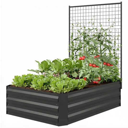 Galvanized Raised Garden Bed with Trellis for Climbing Plants, Outdoor Planter Box with Open Bottom, Black