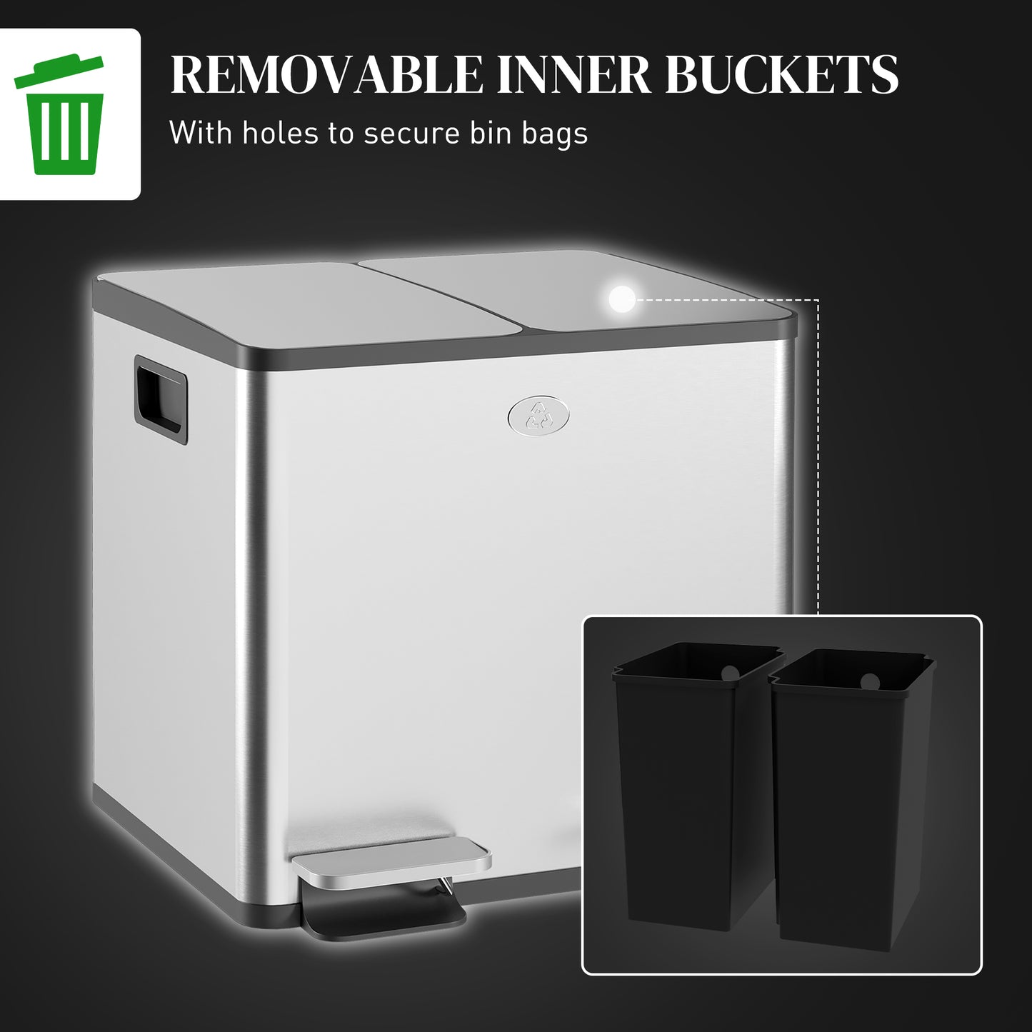 Dual Garbage Bin, Soft-Close Trash Can with Foot Pedal, 2 x 15 Liter Garbage Can with Removable Inner Buckets, Silver