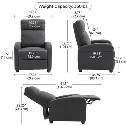 Fabric Recliner Sofa Manual Recliner, Home Theater Seating Single Reclining Sofa Chair with Padded Seat for Living Room, Dark Grey
