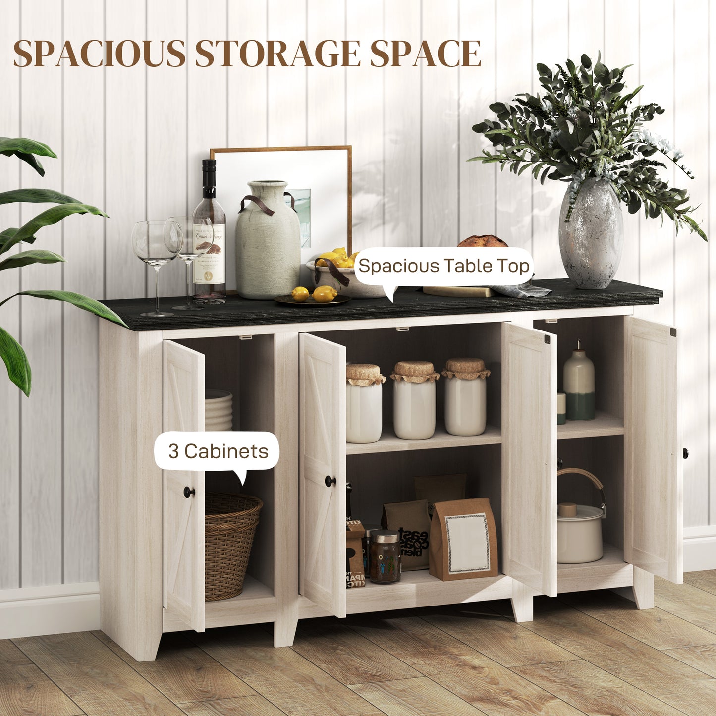 Rustic Sideboard, Buffet Cabinet with Adjustable Shelves for Living Room, Dining Room, Entryway, White Wood Grain