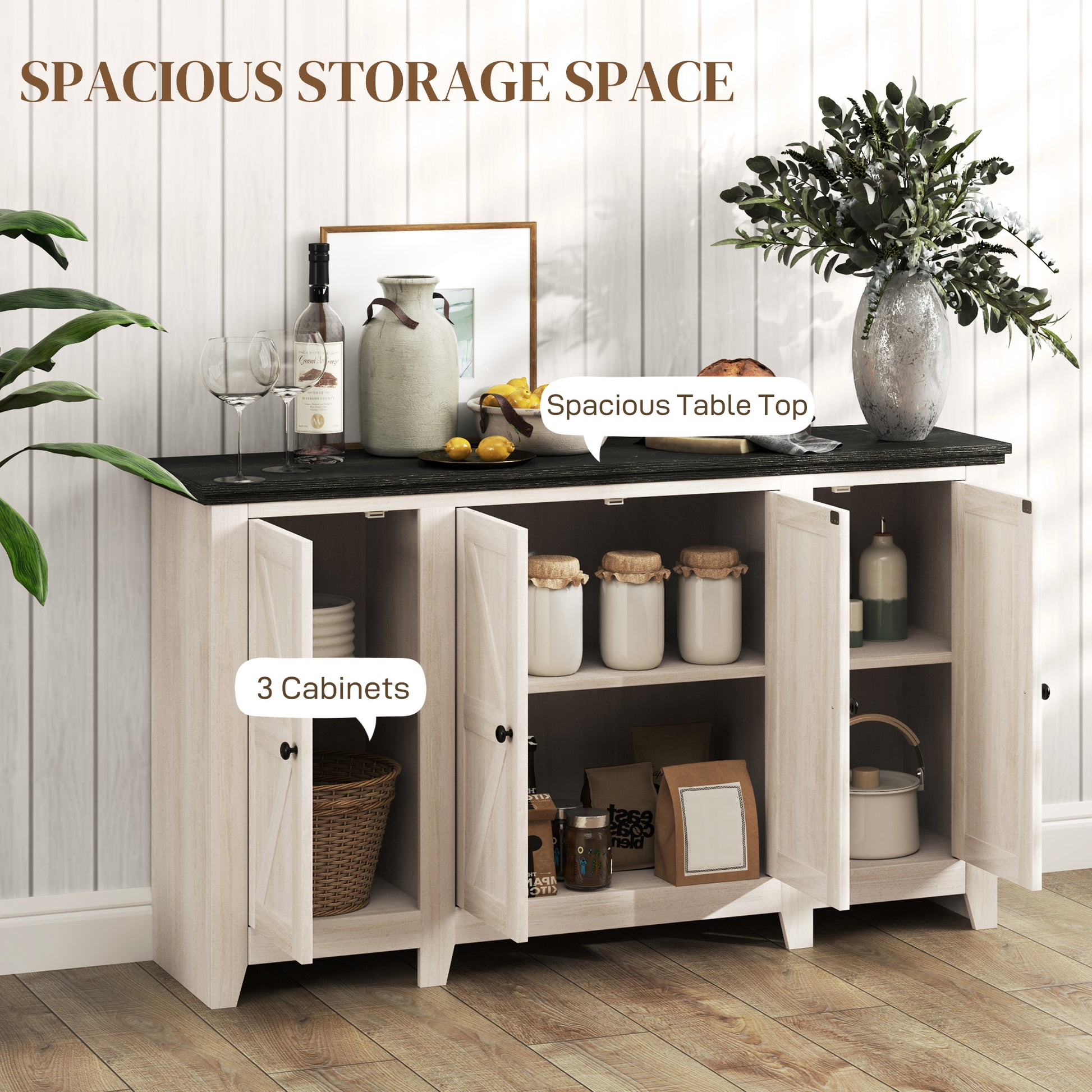 Rustic Sideboard, Buffet Cabinet with Adjustable Shelves for Living Room, Dining Room, Entryway, White Wood Grain