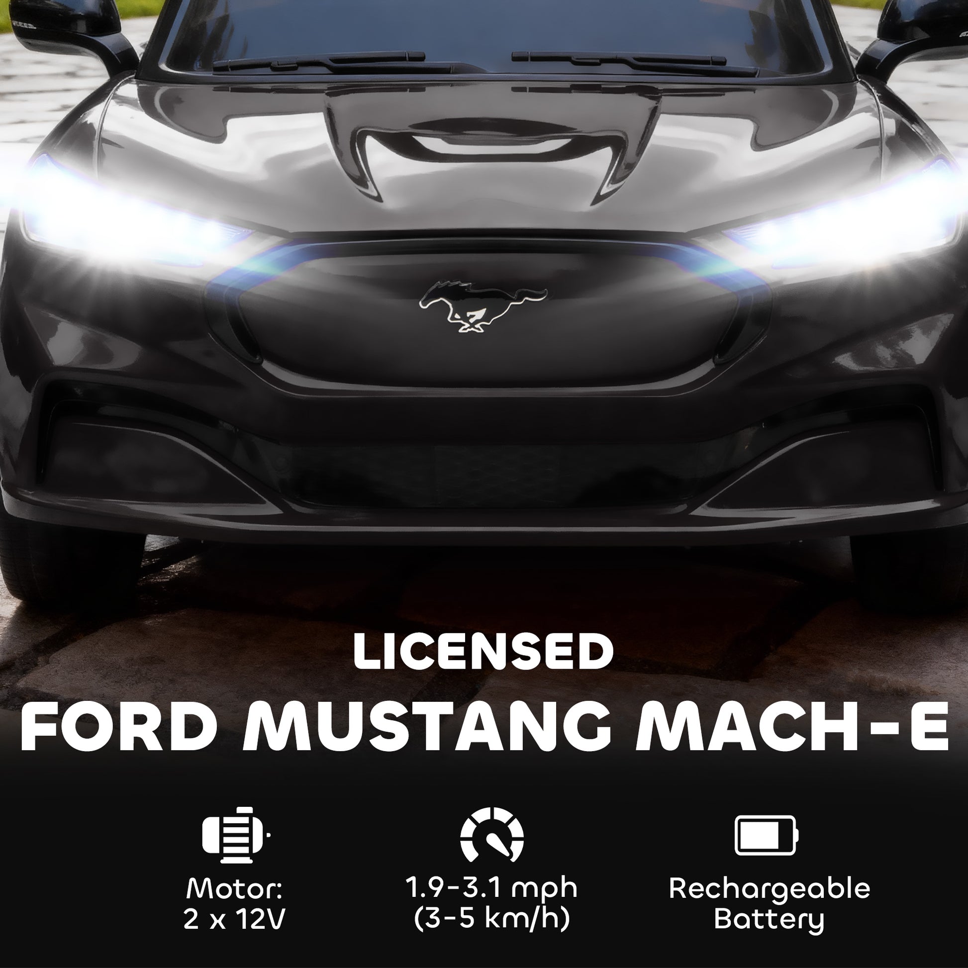 Qaba Ride On Car for Kids, Licensed Ford Mustang Mach-E 12V Electric Car with Remote Control, LED Light, Music, Black