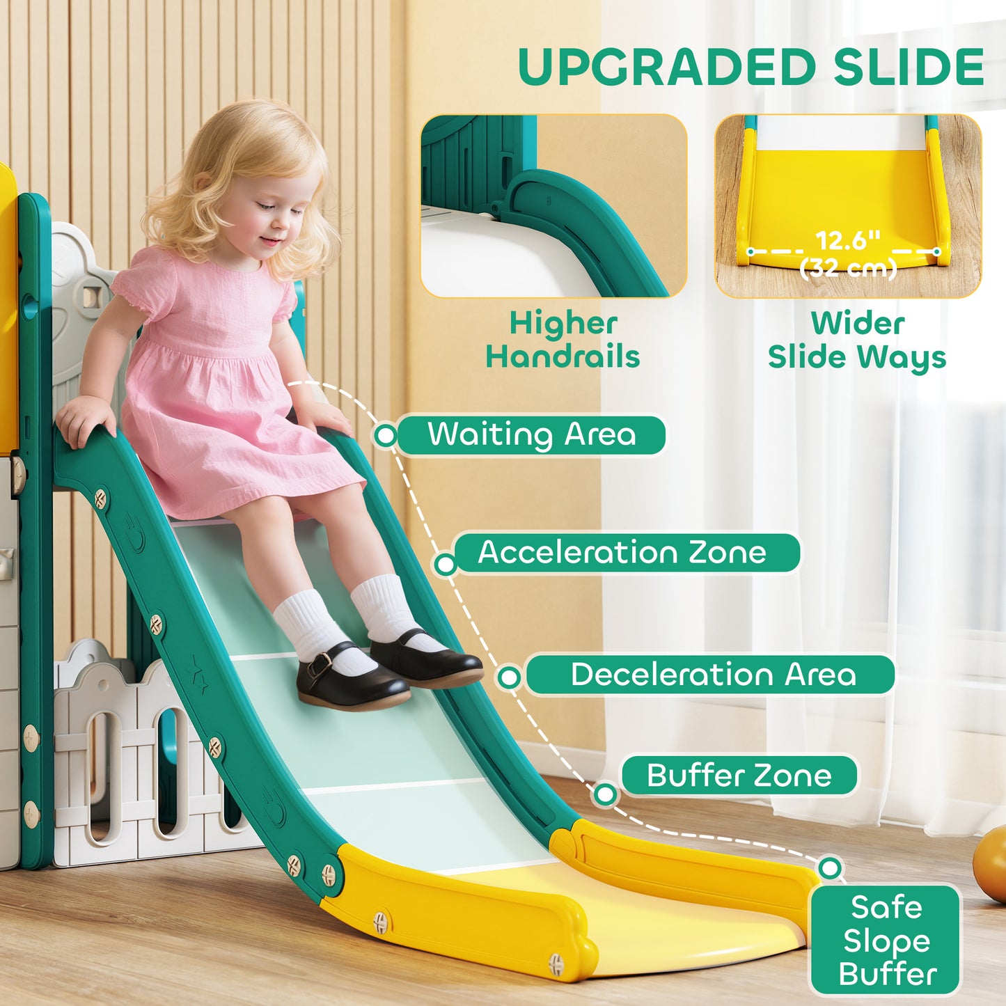 Qaba 7 in 1 Toddler Slide with Basketball Hoop, Climbing Frame, Telescope, Drawing Board, Storage Box for Ages 1-3, Yellow