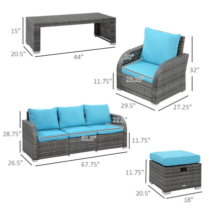 6 Pieces Patio Furniture with Cushions, PE Wicker Sectional Furniture Conversation Set with a 3-Seat Sofa, 2 Recliner Chairs, 2 Footstools, Table, Sky Blue