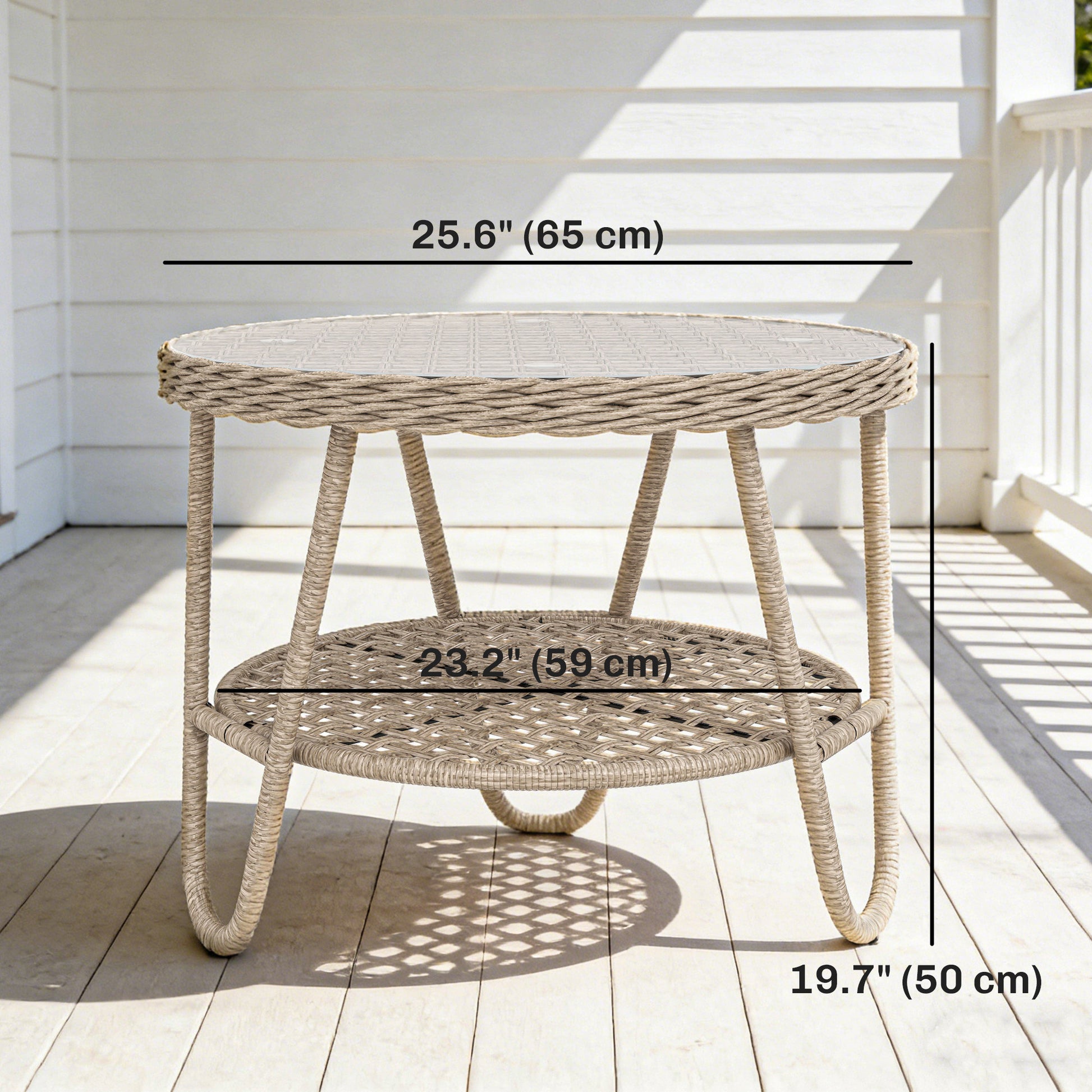 Rattan Outdoor Coffee Table, 2-Tier Small Garden Side Table with Storage Shelf, Tempered Glass Top, Adjustable Footpads