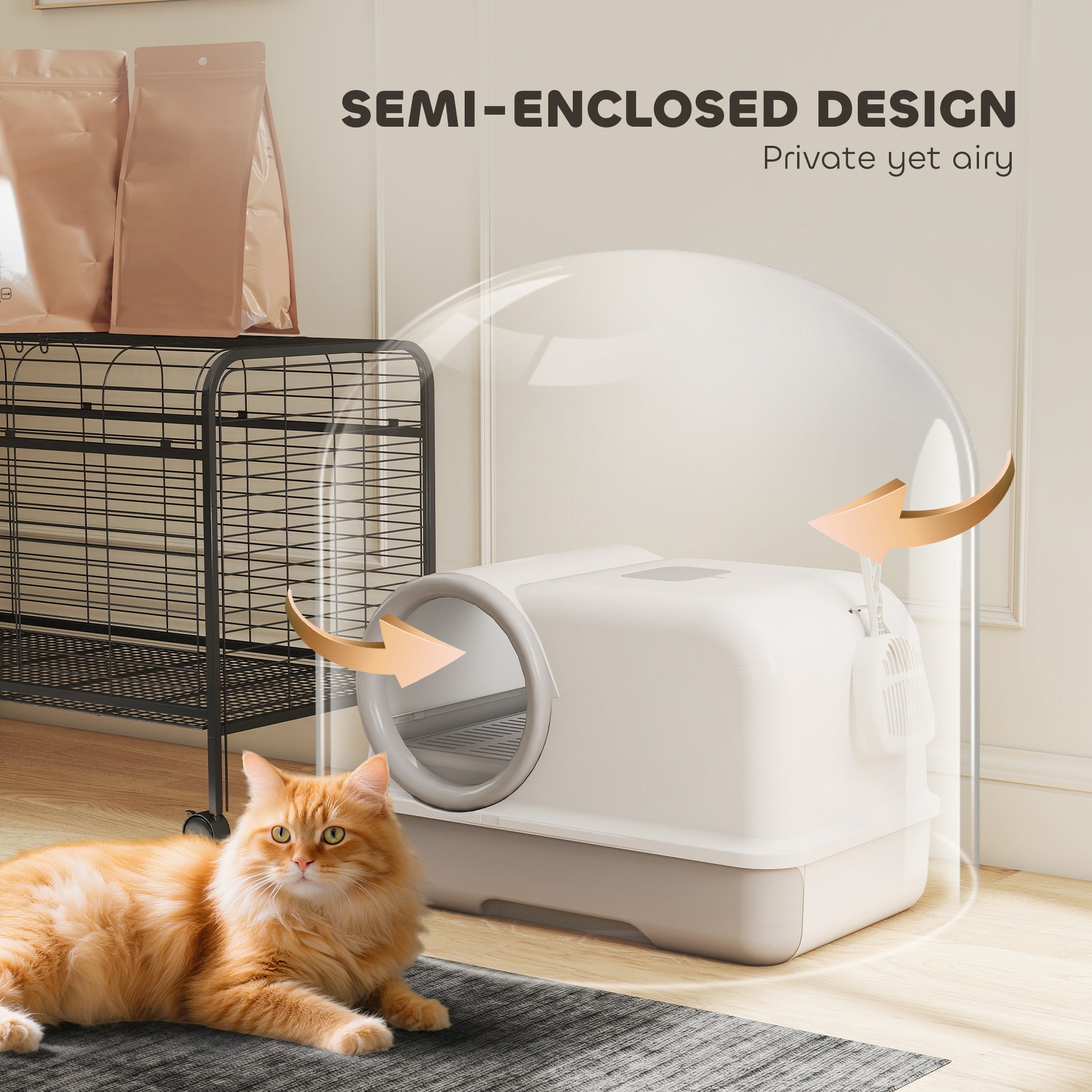 Cat Litter Box Easy Clean Drawer Odor Control Hooded Cat Litter Tray with Scoop White and Grey