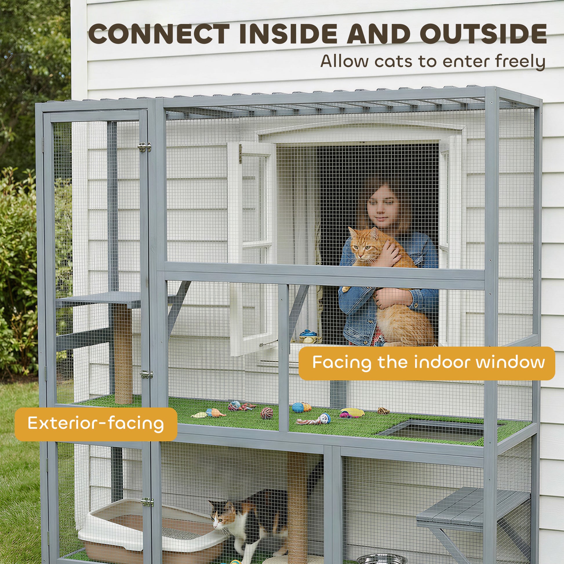Catio Outdoor Cat Enclosure, 77" H Wooden Cat House with Weatherproof Roof, Platforms and Scratching Post
