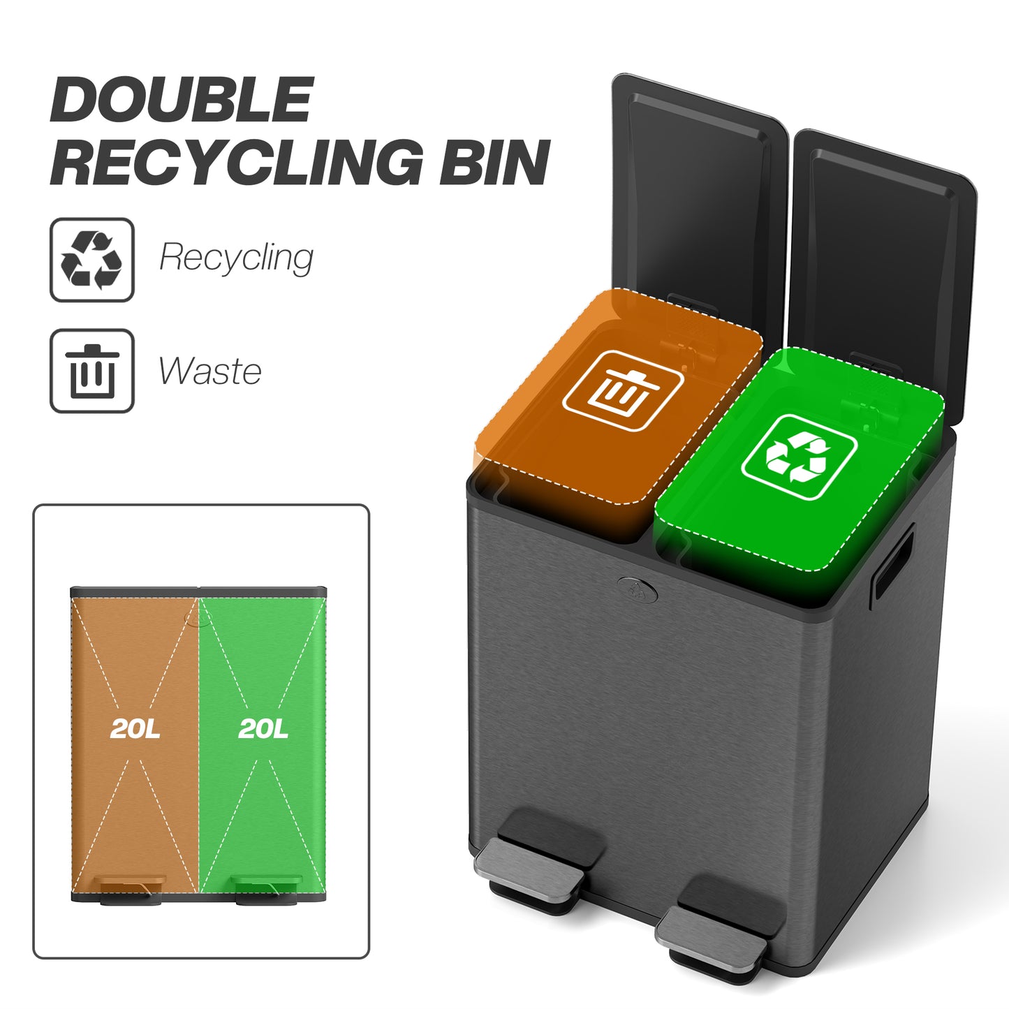 Dual Garbage Bin, Soft-Close Trash Can with Foot Pedal, 2 x 20 Liter Garbage Can with Removable Inner Buckets, Black