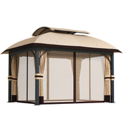 11' x 13' Patio Gazebo, Double Roof Outdoor Gazebo Canopy with Netting & Curtains, Galvanized Metal Frame, Khaki