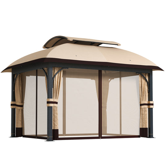 11' x 13' Patio Gazebo, Double Roof Outdoor Gazebo Canopy with Netting & Curtains, Galvanized Metal Frame, Khaki