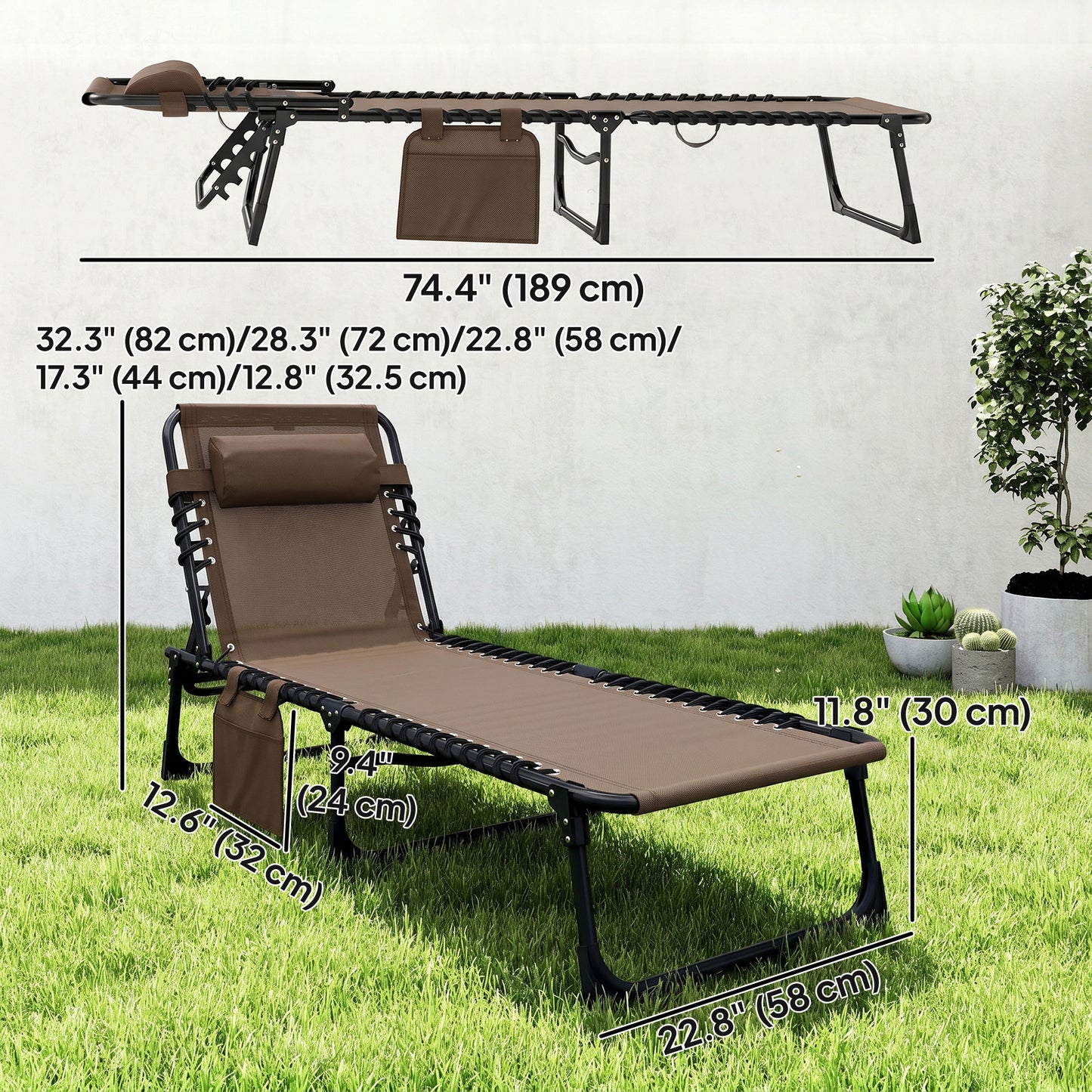 Outdoor Folding Chaise Lounge, Reclining Lounge Chair with Adjustable Backrest and Removable Pillow, Brown