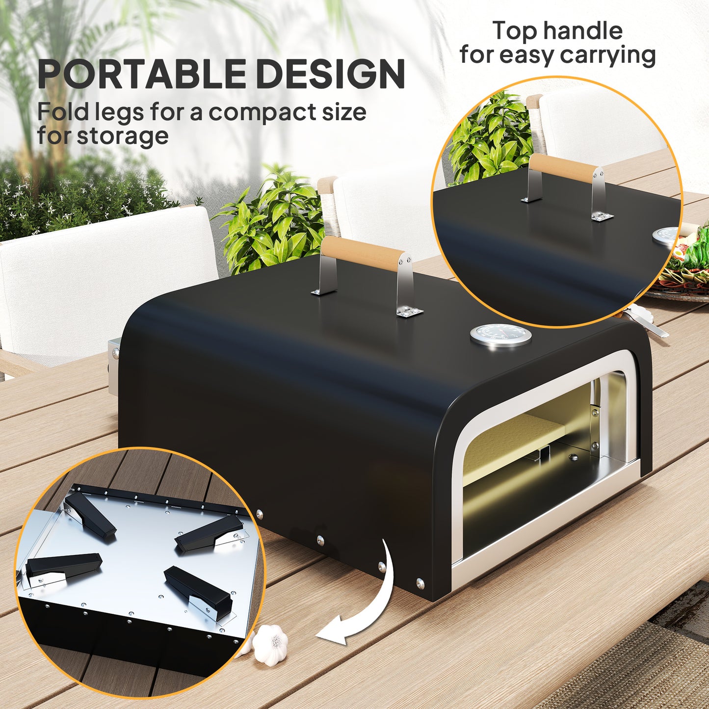 Outdoor Tabletop Gas Pizza Oven with 12" Stone and Peel, Portable Pizza Oven Maker with Thermometer, Foldable Legs, Handle, Gas Hose and Regulator, Black