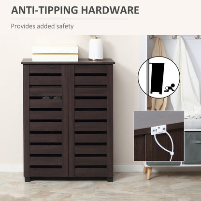Narrow Shoe Cabinet with 2 Slatted Doors, Modern Shoe Storage Cabinet with Adjustable Shelves for Entryway, Hallway, Living Room, Holds 15 Pairs, Dark Brown