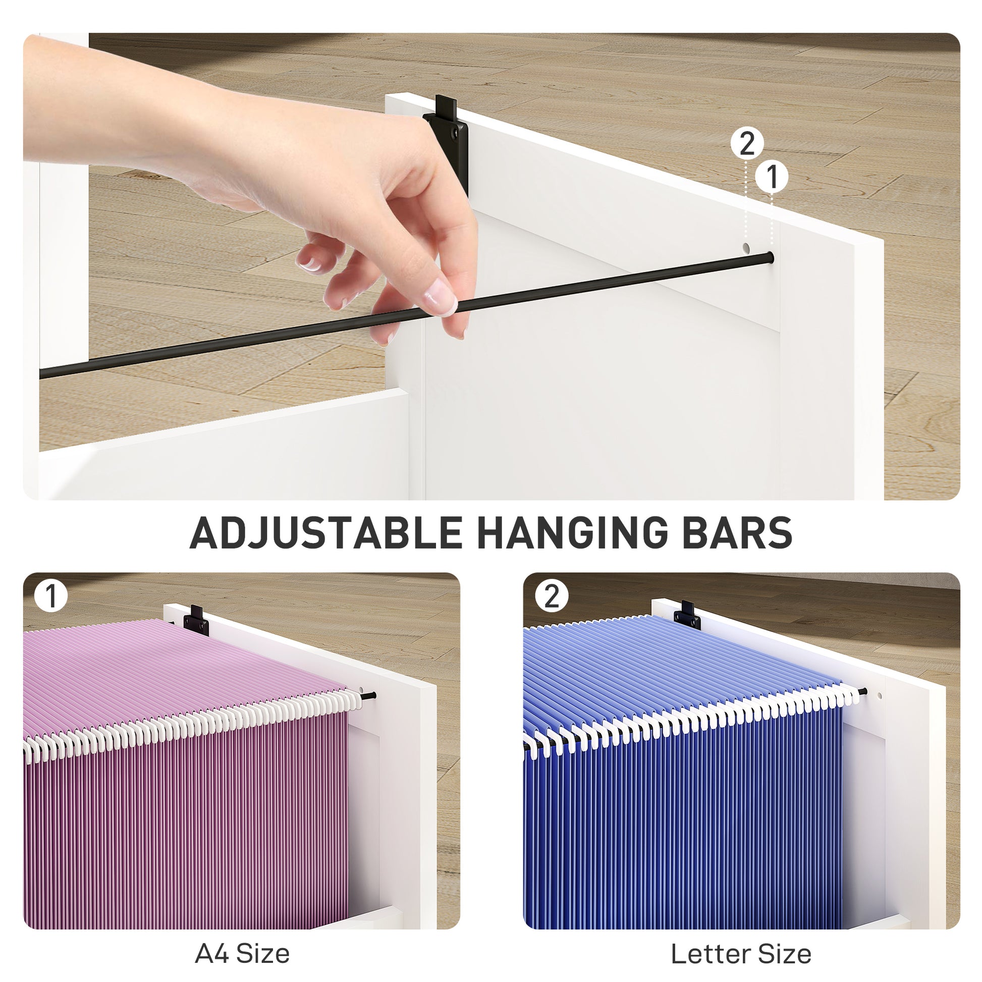 3 Drawer Filing Cabinet with Lock, Office Storage Cabinet with Adjustable Hanging Bars for A4 Letter Size Files, White