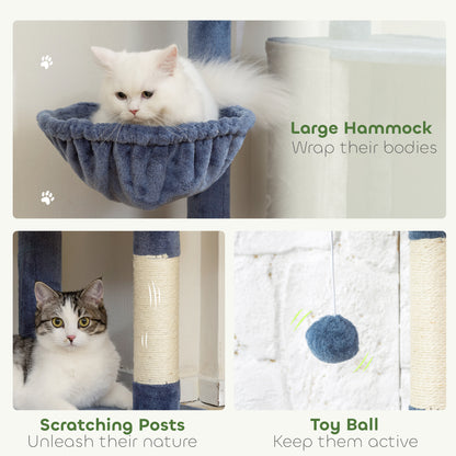 48" Modern Cat Tree with Condo, Hammock, Perch, Sisal Scratching Posts, Toy Ball, for Indoor Cats, Blue and Grey