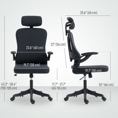 Ergonomic Office Chair, Swivel Desk Chair with Adjustable Lumbar Support, Headrest and Height, Flip-up Armrests, Black