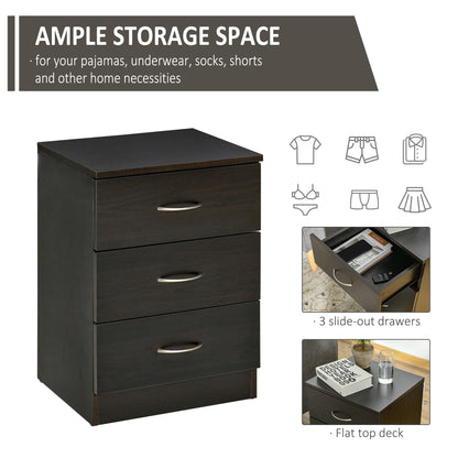 Bedside Table, Modern Night Stand with 3 Drawers and Metal Rail for Bedroom, Dark Brown
