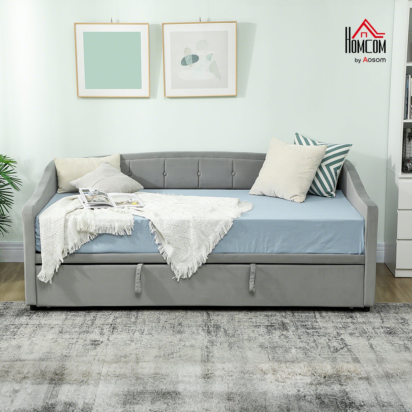Upholstered Twin Size Trundle Bed, Velvet Twin to King Day Bed with Pop Up Trundle, Headboard and 2 Pockets, Light Grey