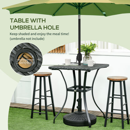 Patio Wicker Dining Table with Umbrella Hole, 34 Inch Outdoor PE Rattan Coffee Table with Plastic Board Under the Woven Table Top for Patio, Garden, Balcony, Black