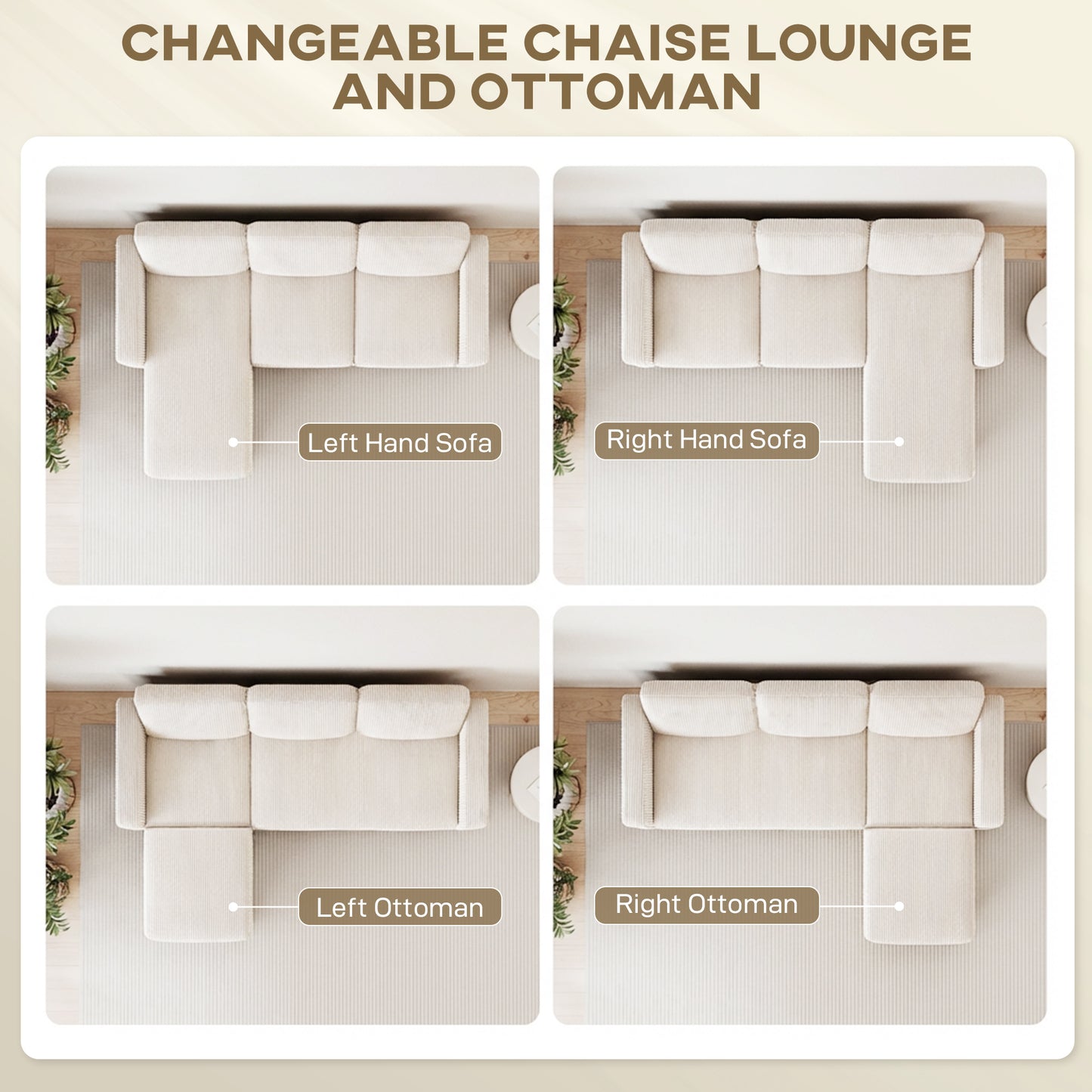 Sectional Sofa, L Shaped Couch, with Changeable Chaise or Ottoman, Cream White