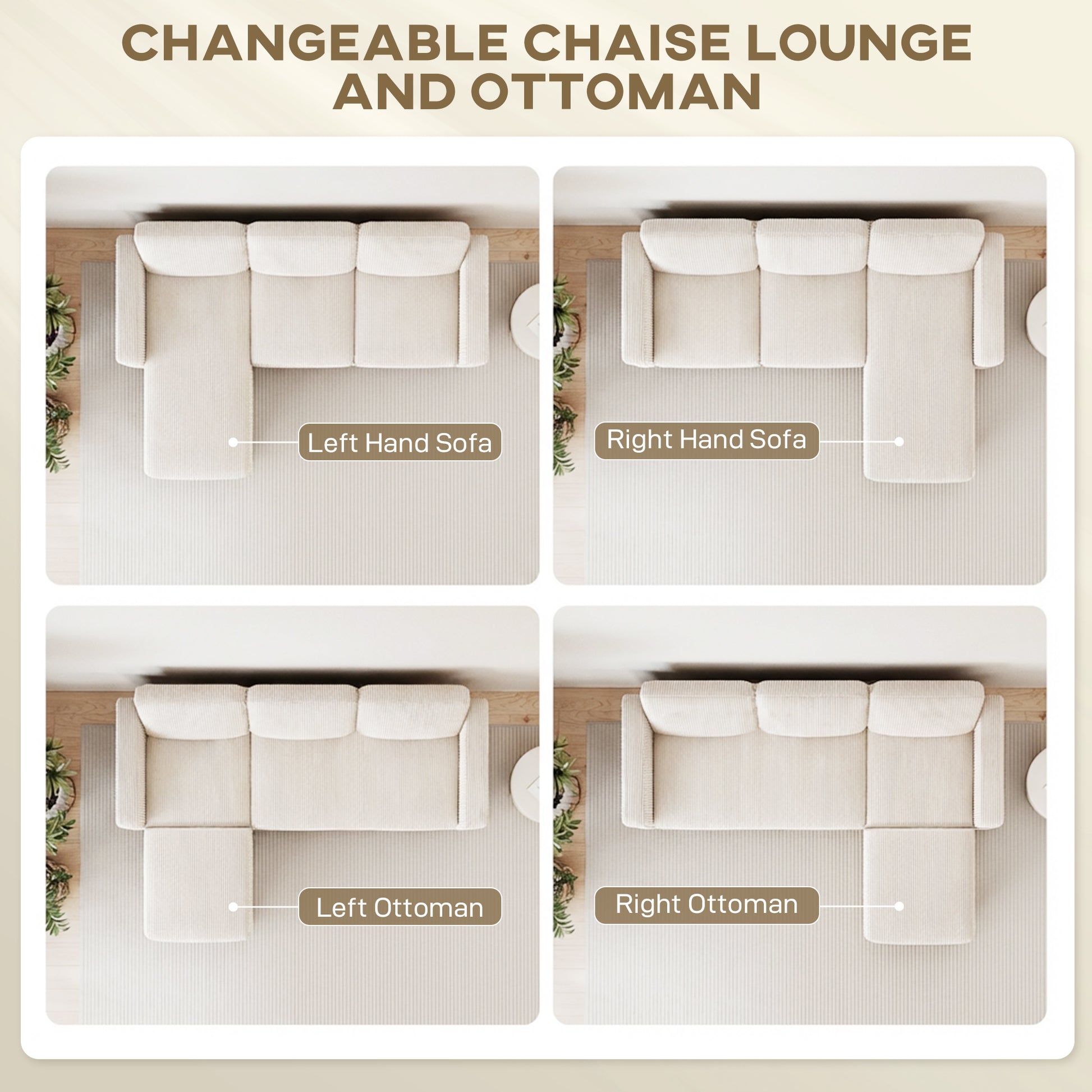 Sectional Sofa, L Shaped Couch, with Changeable Chaise or Ottoman, Cream White