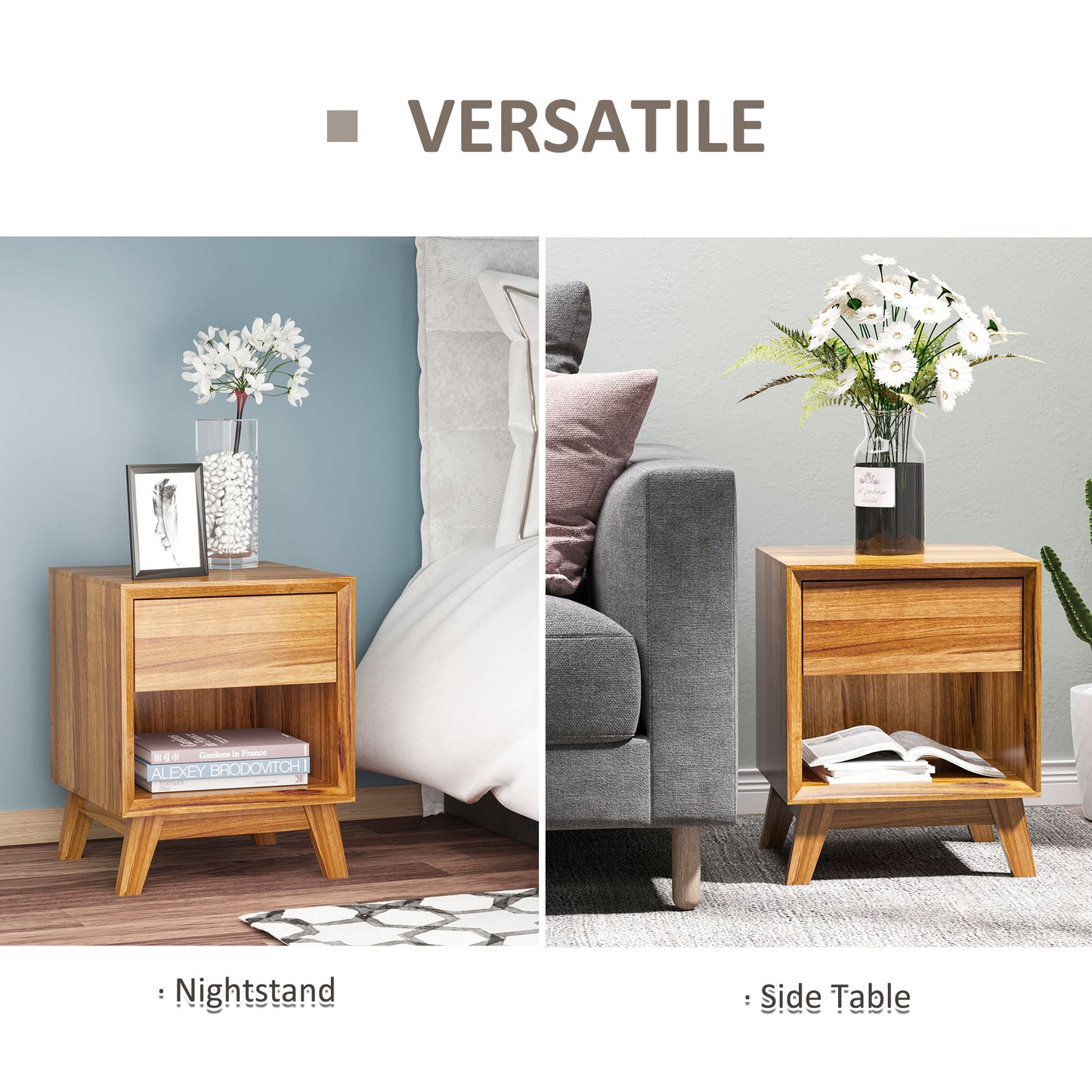 Bedside Table for Bedroom, Nightstand with Drawer and Shelf, Modern Side End Table, Walnut Brown