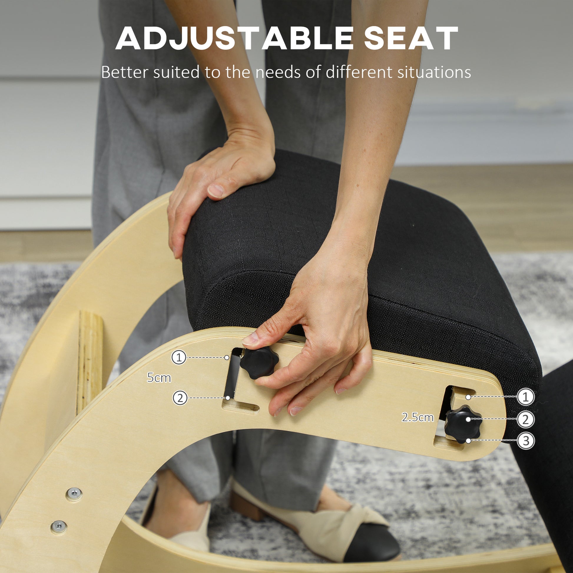 Ergonomic Kneeling Chair, Adjustable Rocking Wood Kneeling Stool, Desk Chair, Improve Posture, Black