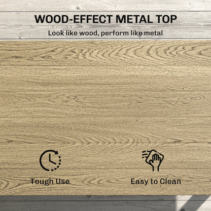 2-Tier Rectangle Outdoor Coffee Table, Patio Table with Wood-Effect Metal Top, Wicker Shelf for Garden, Backyard, Brown